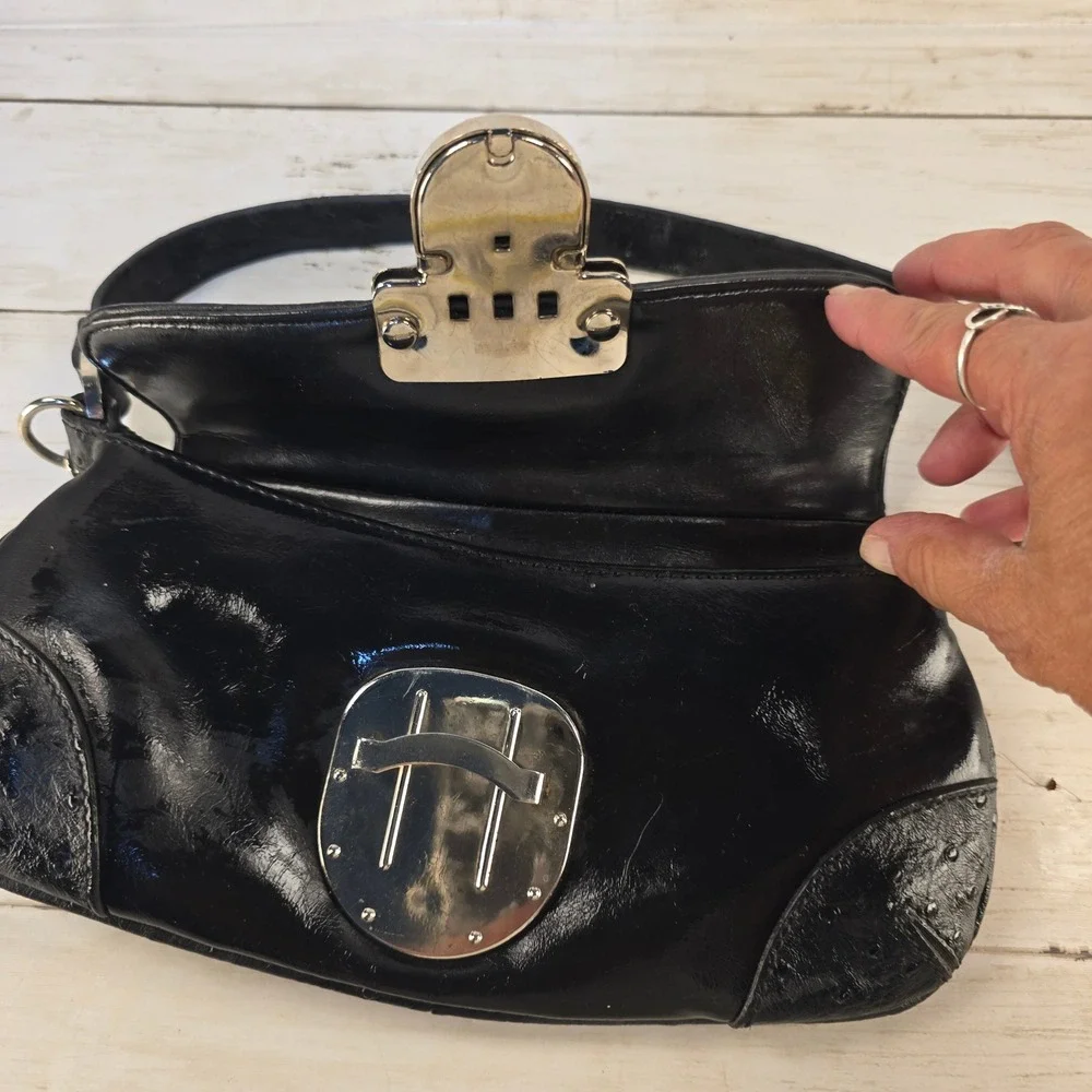 Pepe Jeans London Black Ostrich Embossed Studded Y2K Baguette Shoulder Bag‎